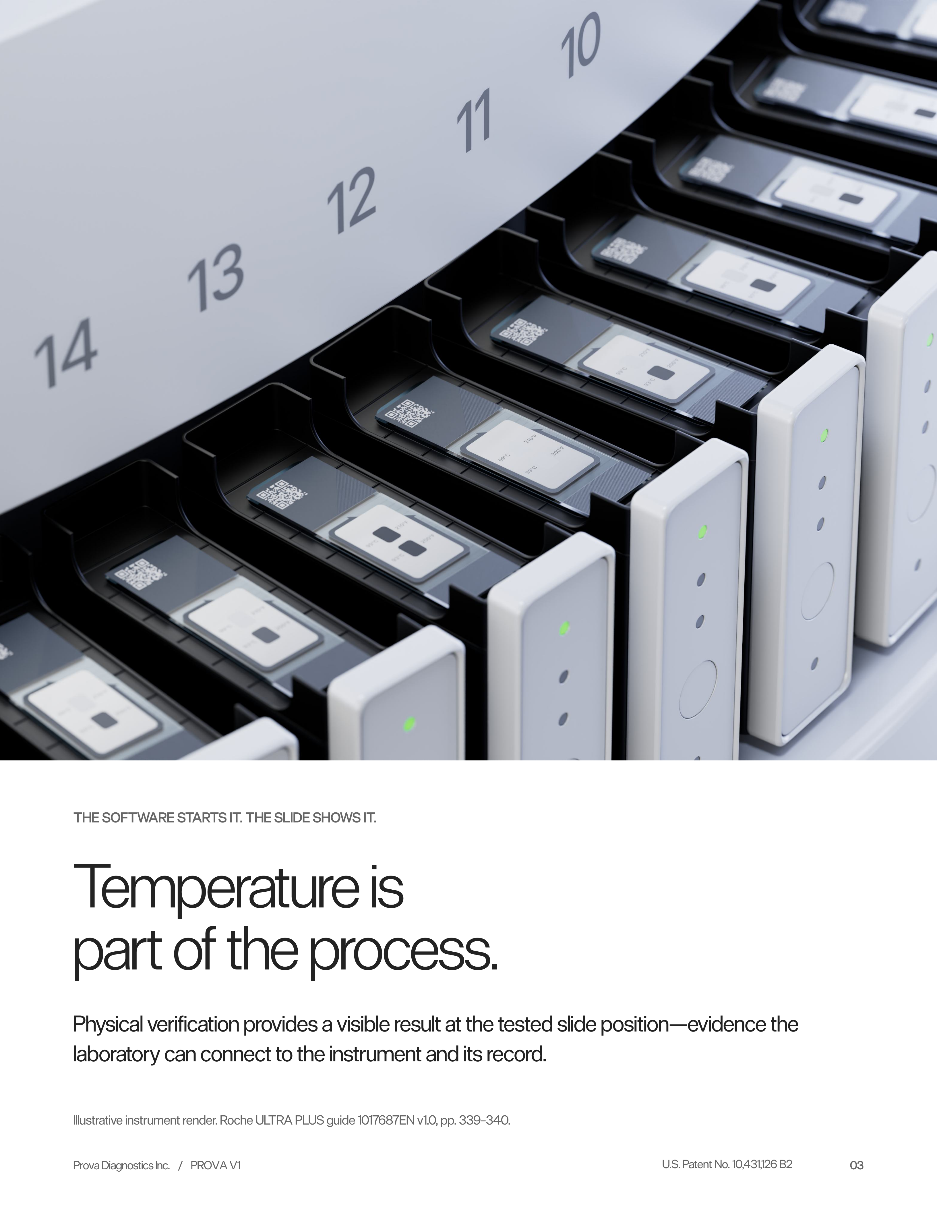 Booklet page 3: Physical evidence. Post-run instrument example: position 12 has both indicators unchanged; position 13 has both dark. Other illustrated slides show the passing pattern, with only the 93°C indicator dark.