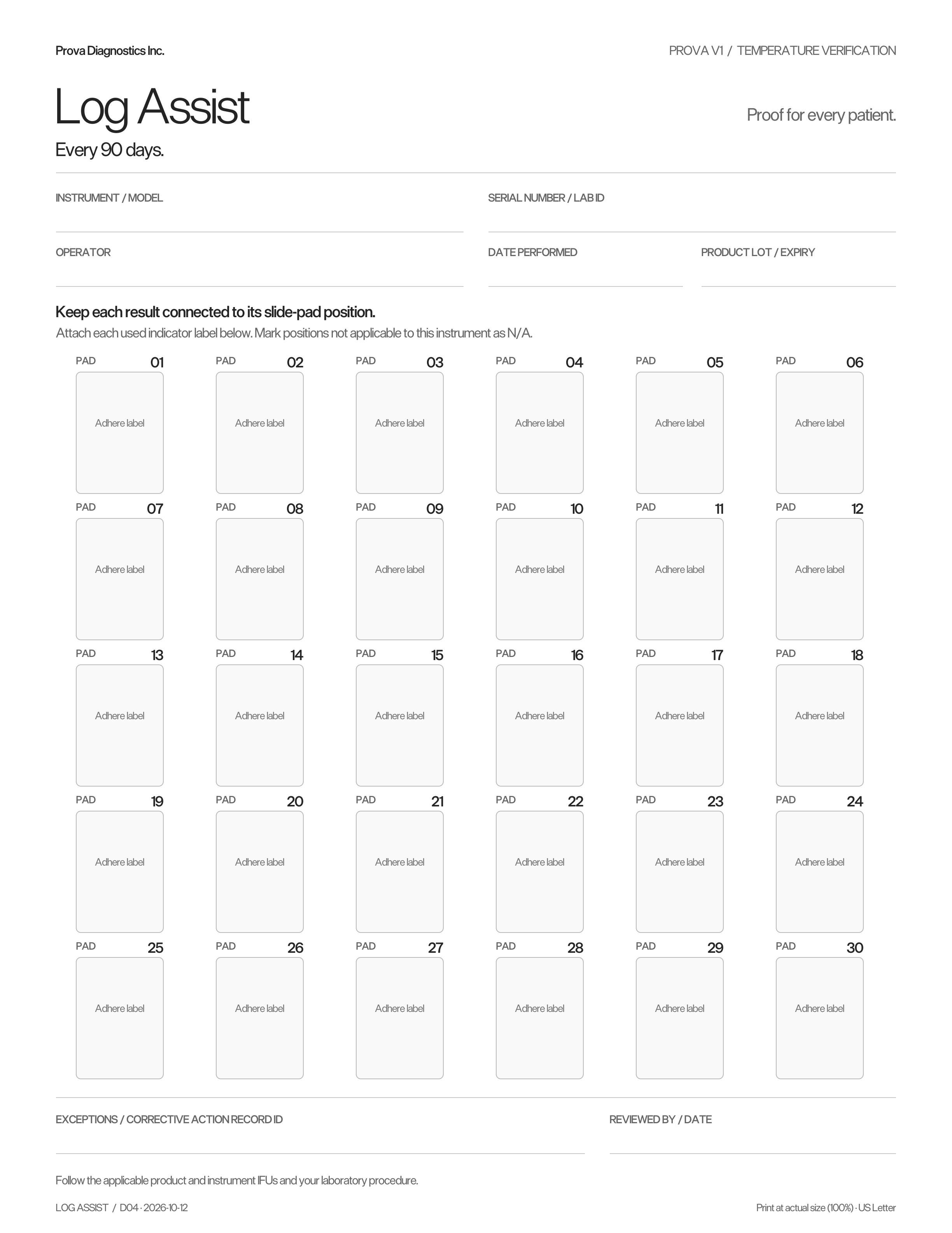 PROVA V1 Log Assist: instrument and operator fields, thirty numbered adhesive label spaces, and a corrective-action record field