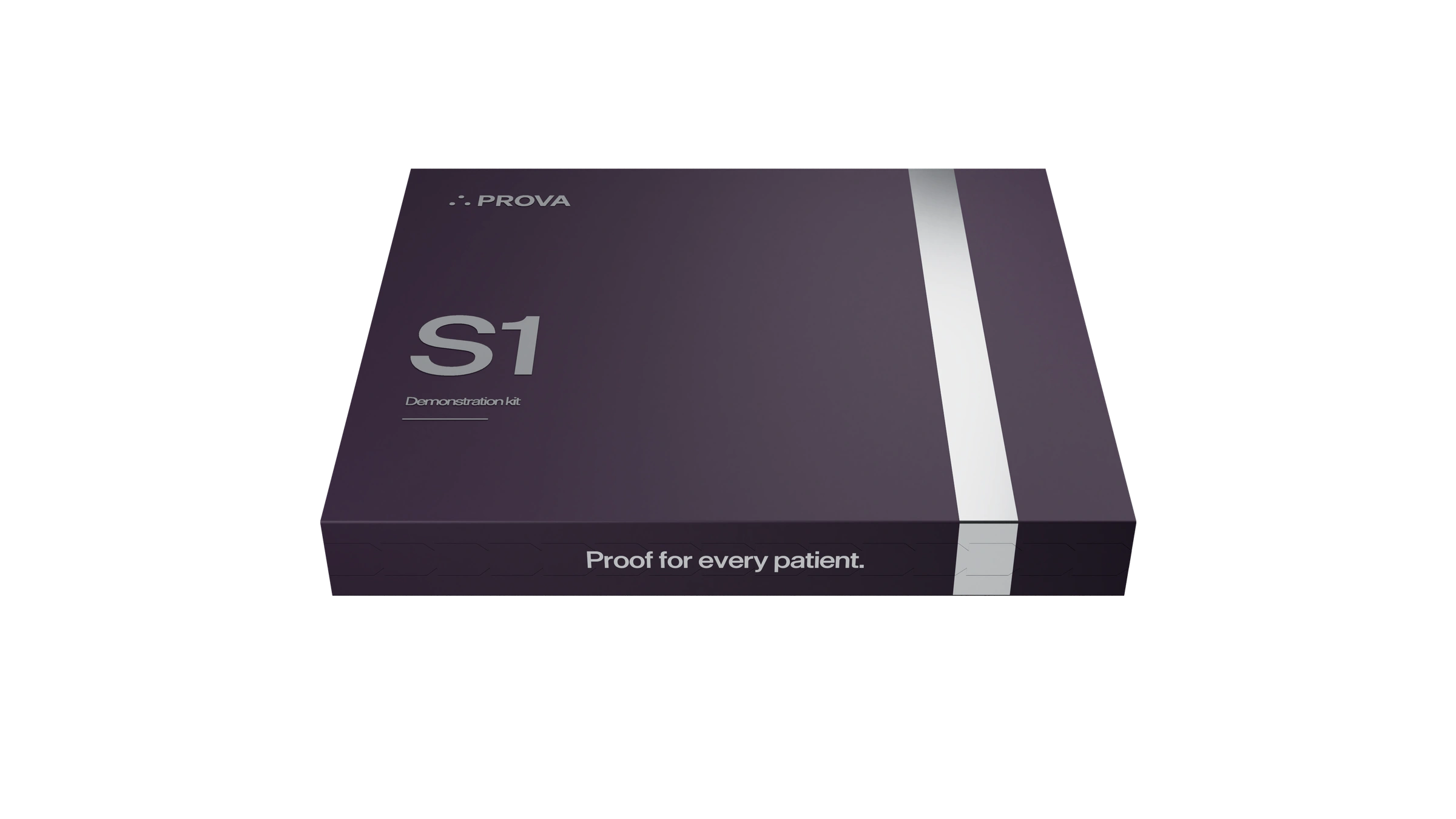 Angled plum Prova S1 demonstration kit with satin gray lettering and closed tear-away seal