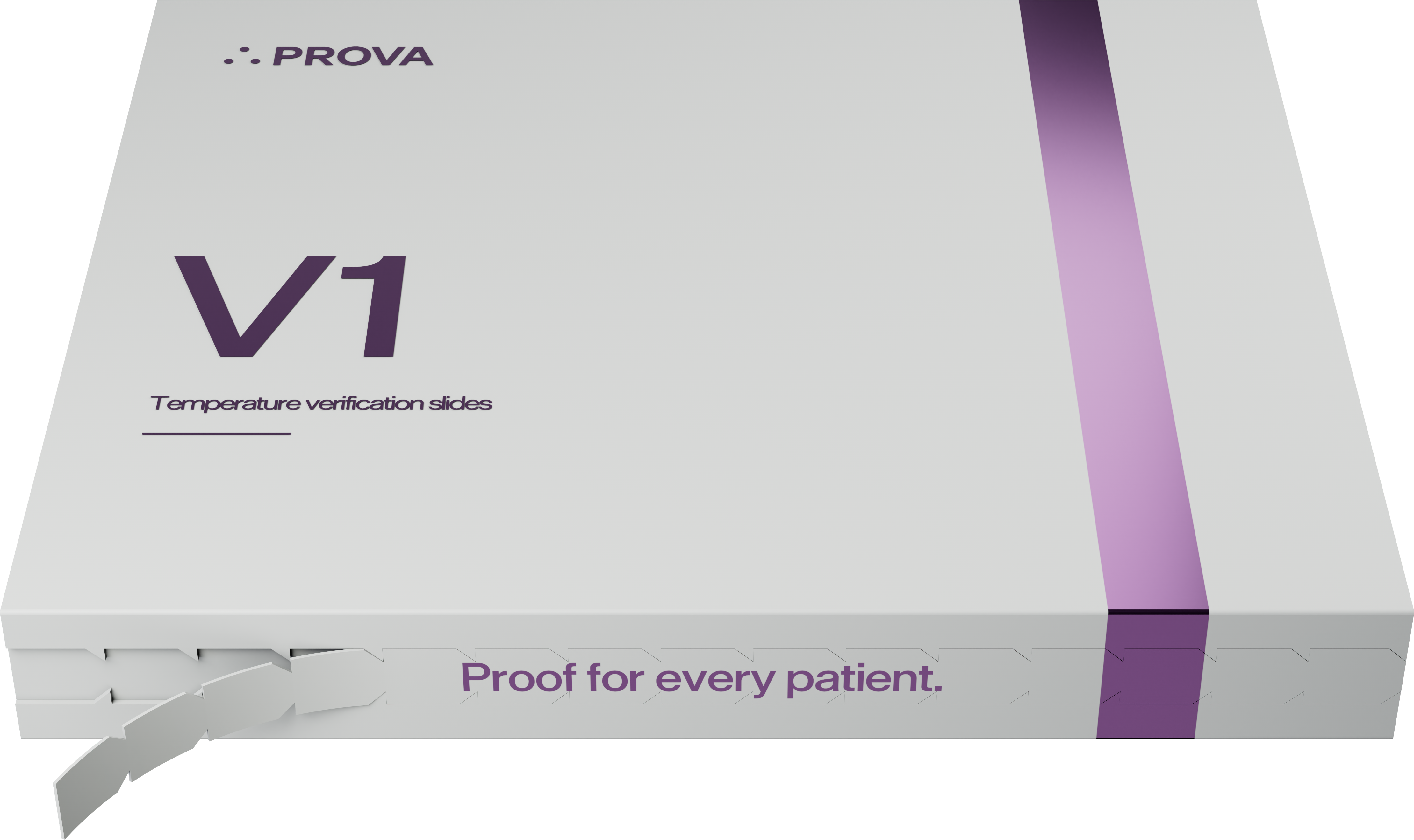 Prova V1 mineral-gray carton with satin-plum lettering and a continuous band, with the tear-away seal partially peeled